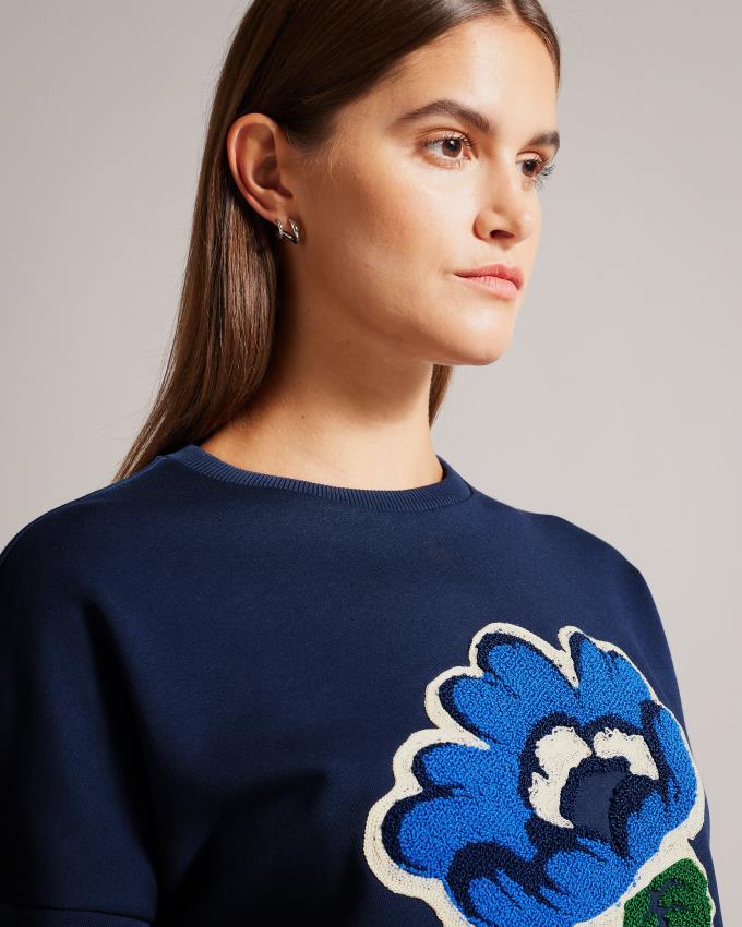 T-Shirt Ted Baker Boxy With Appliqué Flower Bleu Marine Femme | REC-03126571